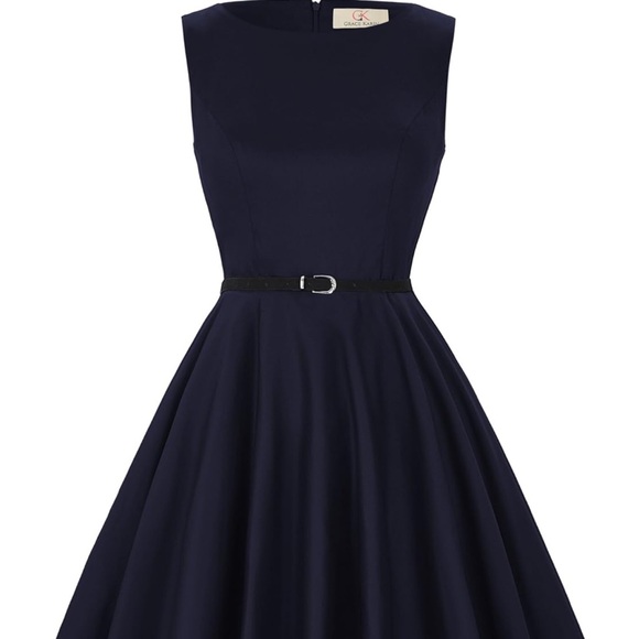 A-Line Retro Dark Blue Sleeveless Dress - Picture 2 of 7